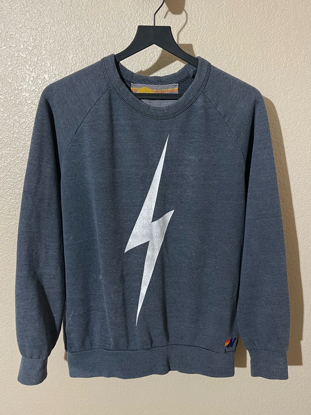 Aviator Nation Charcoal Gray Crewneck with Silver Lightning Bolt